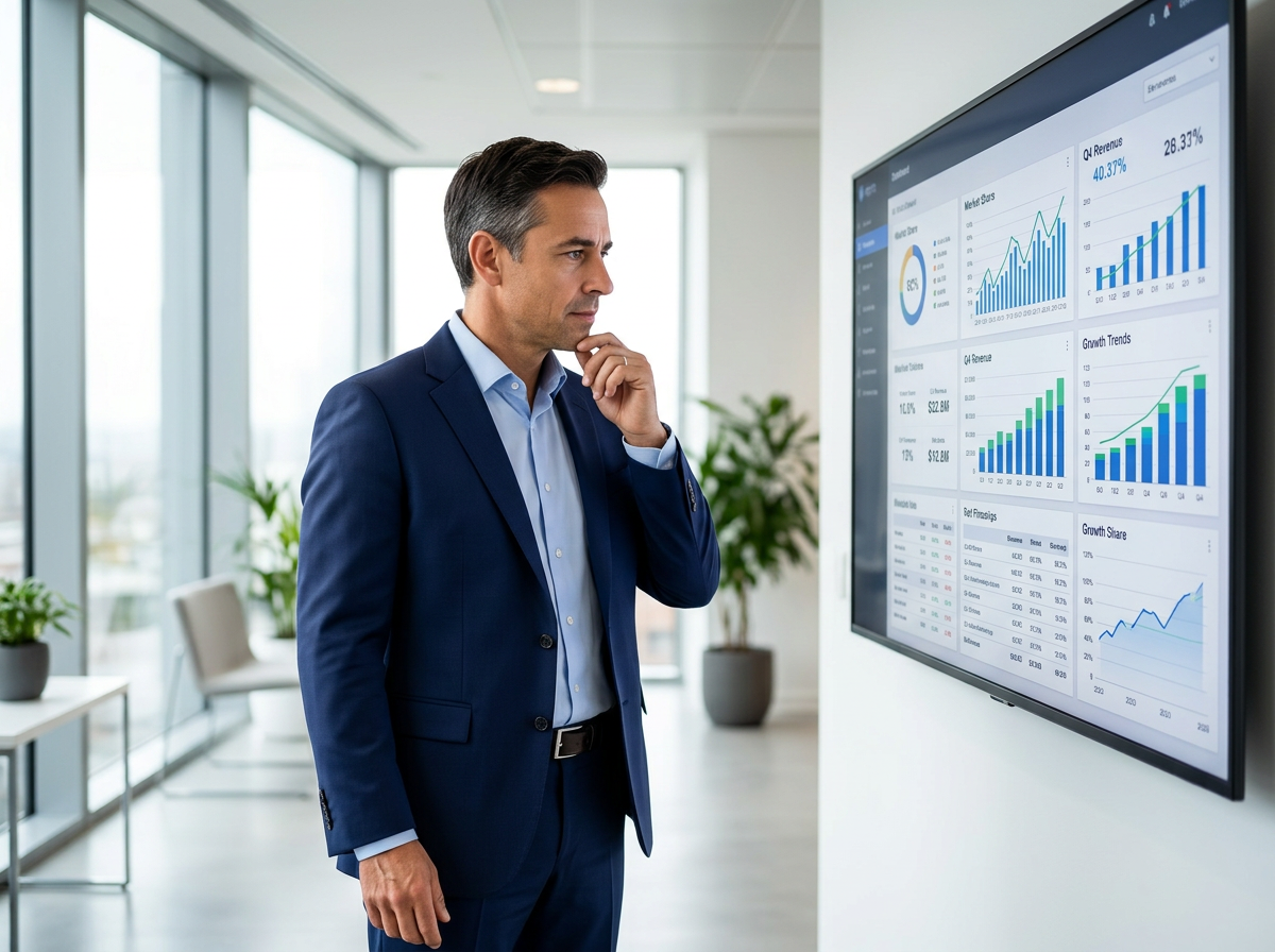 Waarderingsexpert analyseert bedrijfsdashboard met financiële cijfers